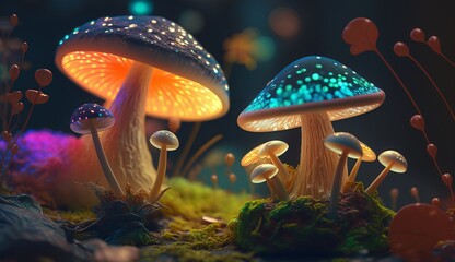 Colorful magic mushrooms volumetric lighting