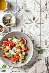 Traditional italian tomato salad panzanella with mozzarella, capers, red onion, croutons, cucumbers and basil served for a person. Summer salad on printed tile background with copy space, top view