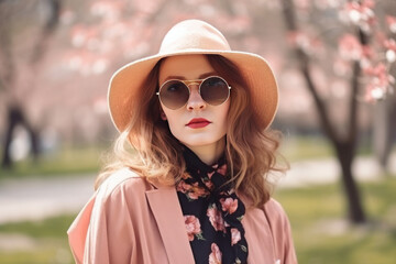 Young woman wearing stylish outfit in park on spring day. Fashionable look 