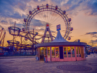 Famous Ferris Wheel of Vienna Prater park called Wurstelprater at night, Vienna,
