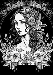 woman with flowers themed coloring page