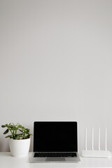 Open laptop, router and green plant on white table with copy space