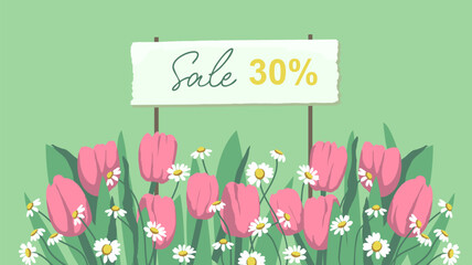 Spring background with pink tulips and daisies. Flowers background for design.