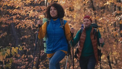 Smiling couple backpacking together, enjoying hobby, romantic getaway, tourism