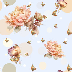 Floral summer seamless pattern. Garden flowers peonies, bud and leaves. Watercolor pink floral design. Template for fabrics, textiles, paper, wallpaper, greeting card, interior decoration, clothes © Anastasiia