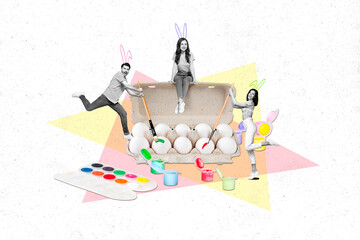 Creative collage preparation friends have fun painting box eggs celebrate brush holiday spring april holiday easter isolated on white background