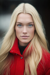 Fototapeta premium Portrait of blonde Northern European woman. Cold weather. Generate by ai