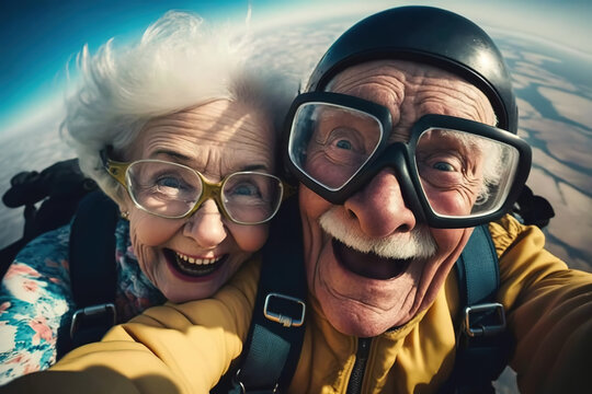 Selfie of a retired couple jumping in a parachute. generate by ai
