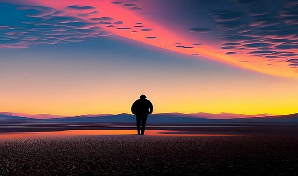 Lonely Walk on the Beach at Sunset