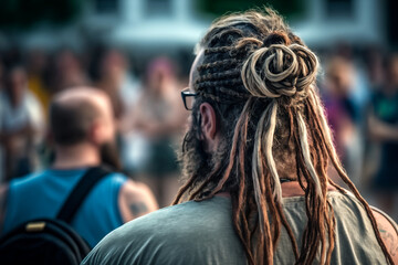 hippie man with dreadlocks in festival back view. illustration Generative AI