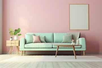 Fototapeta na wymiar Interior design of a couch with table lamp and other design elements in the colors pink and mint green (ai generated)