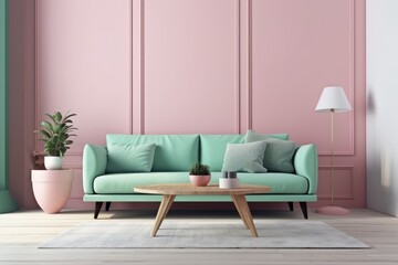 Interior design of a couch with table lamp and other design elements in the colors pink and mint green (ai generated)