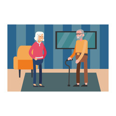 Cartoon characters of senior man and woman at home. Old people having conversation. Mature spouses spending time together indoor. Happy old age. Vector