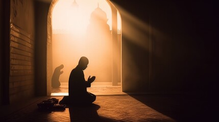 Religious Muslim men are praying in the mosque Generative AI