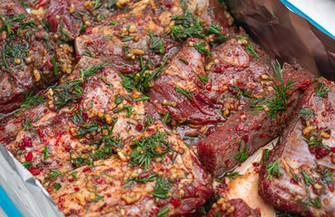 Beef meat marinated with dill, lamb meat in marinade