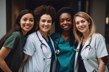 Portrait of happy multiracial female doctors and nurses looking at camera. Generative AI