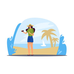 Girl takes selfie near of seaside and palm trees color 2d vector graphic. Young woman enjoys trip and recreation overseas. Tropic vacation, summer voyage flat art, cartoon illustration
