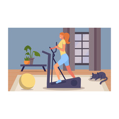 Cartoon character of slim woman training with sports equipment. Time for cardio exercises at home. Morning workout to loss weight. Active and healthy lifestyle. Vector