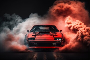 Obraz na płótnie Canvas Drifting car on dark black background with red smoke. Car in the smoke. Supercar in motion. Sports car drifting in smoke. Supercar in fog.