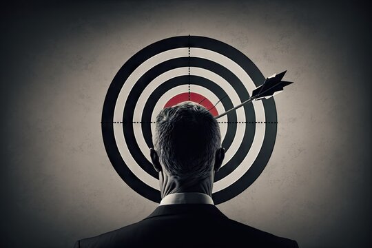 businessperson, aiming at bullseye target with bow and arrow, created with generative ai