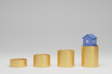 3d render of house and stack of gold coin saving money concept for invest real estate on white background