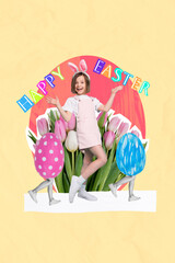 Brochure collage of small preteen child walking with two headless colorful eggs bouquet tulips happy easter concept isolated on yellow background