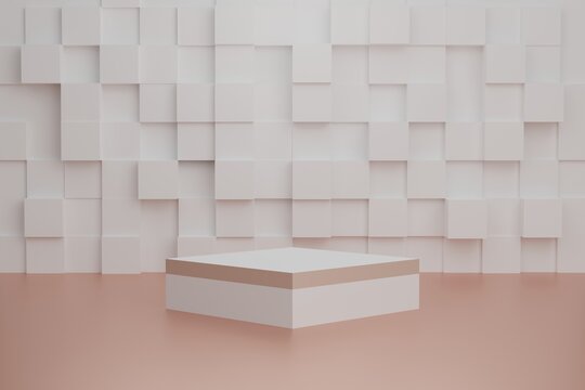 3d render of abstract square white and rose gold podium product display on white cube background
