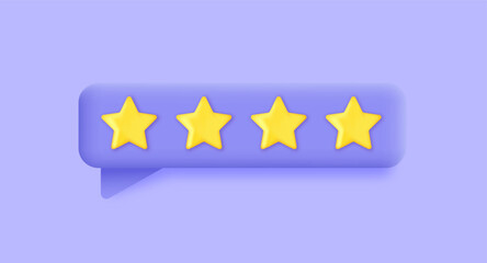 Rate us review concept in 3D style. Realistic stars in yellow colors isolated on purple background. Review customer business concept.