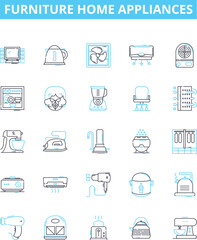 Furniture home appliances vector line icons set. Furniture, Appliances, Sofa, Chair, Table, Bed, Mattress illustration outline concept symbols and signs