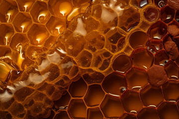 Honey close-up. Amber sweet honey in honeycomb. Transparent honey flows down the honeycomb. generative ai - obrazy, fototapety, plakaty