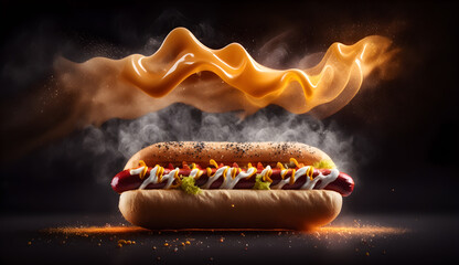juicy and hot hot dog, studio shot, professional lighting, epic shot with smoke effects - obrazy, fototapety, plakaty