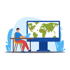 Man with laptop planning vacation around world color 2d vector graphic. Person on background of huge screen manages journey route. Travel business cartoon illustration, flat art