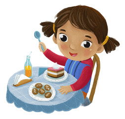 cartoon scene with girl eating tasty dessert illustration for kids