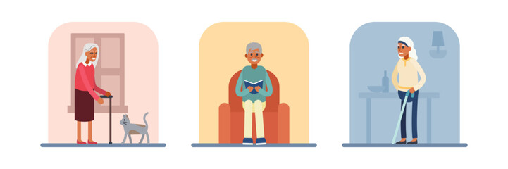 Set of cartoon characters of old people doing different things. Senior people spending time with cat, reading book and cleaning home. Happy old age. Vector
