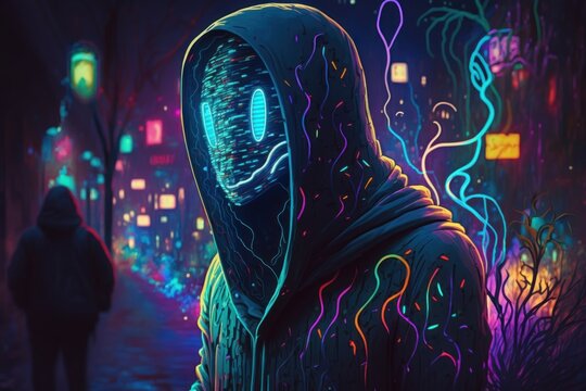 Surreal neon image of faceless person. Beautiful illustration picture. Generative AI