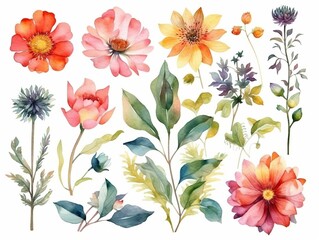 Watercolour floral of set. Watercolor Flower leaves collection - for bouquets, wreaths, wedding invitations, anniversary, birthday, postcards, greetings. generative ai