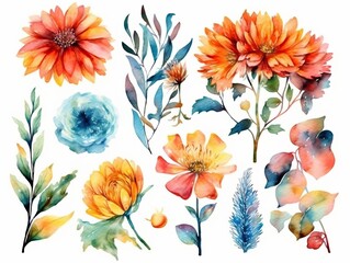 Obraz na płótnie Canvas Watercolour floral of set. Watercolor Flower leaves collection - for bouquets, wreaths, wedding invitations, anniversary, birthday, postcards, greetings. generative ai