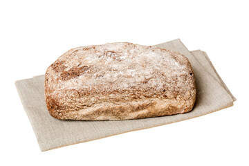 Freshly baked delicious french bread with napkin isolated on white background top view. Healthy white bread loaf