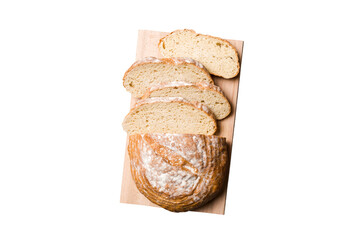 Freshly baked bread slices on cutting board isolated on white background . top view Sliced bread