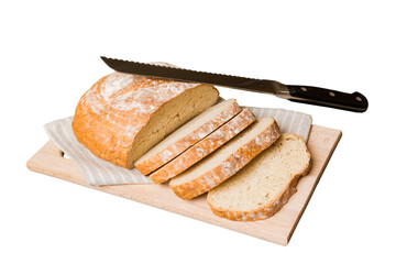 Assortment of freshly sliced baked bread with napkin isolated on white background. Healthy unleavened bread. French bread slice