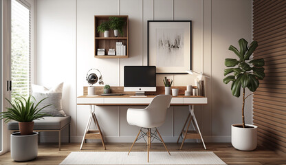 Minimalist workspace interior design with white and wood style. Generative Ai.