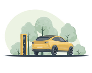 Electric car is charging. Electric car with charging station. The concept of charging an electric car. Isolated vector illustration electric vehicle.