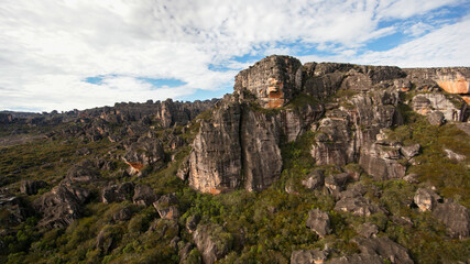 Rugged sandstone rocks on the plateau of Auyan tepui, a famous table mountain in Venezuela