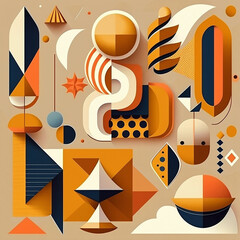 Poster in retro style of the 70s, patchwork, circles, geometric figures, abstraction and psychedelic pattern. Bright and warm color palette, shades of orange, yellow, green and pale blue.Generative AI