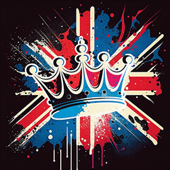UK Royal Crown on Great Britain flag background, poster in retro style of the 70s. Generative AI