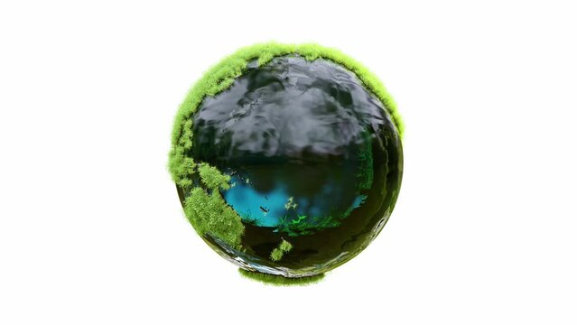Earth globe full of grass on white background. Animation revolves around itself seamless loop. Global environment and minimal idea concept. 3D Render.