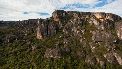 Rugged sandstone rocks on the plateau of Auyan tepui, a famous table mountain in Venezuela