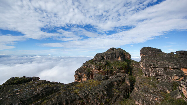 Steep and eroded sandstone cliffs of Auyan tepui, a famous table mountain in Venezuela