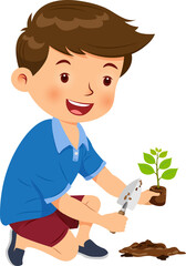 Cute boy happy planting tree