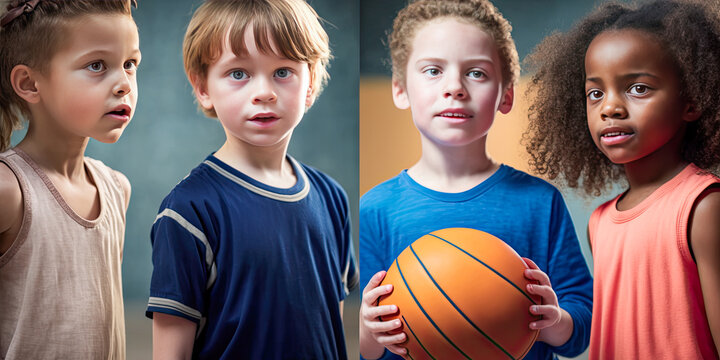 Four children playing basketball very happy - Generative AI